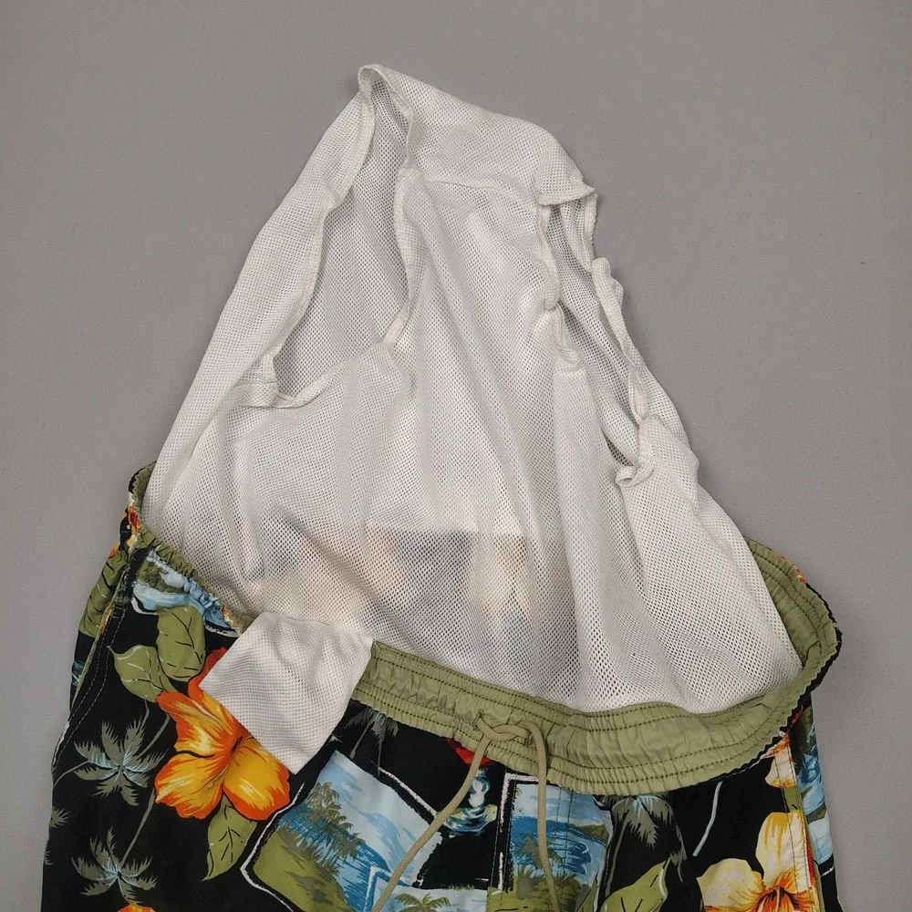 Sand N Sun Swim Trunks Mens XL Black Tropical Floral Hibiscus Cocktail Polyester